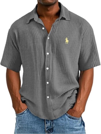 Ανδρικό πουκάμισο από 100% βαμβάκι, κοντό μανίκι, γυριστός γιακάς, χαλαρή γραμμή, μονόχρωμο