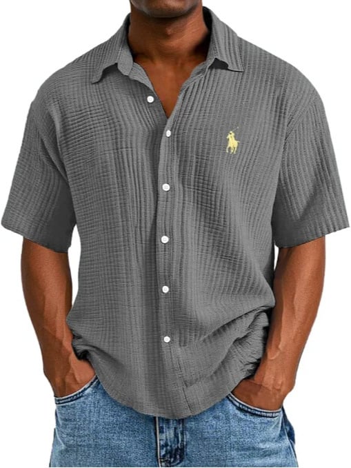 Ανδρικό πουκάμισο από 100% βαμβάκι, κοντό μανίκι, γυριστός γιακάς, χαλαρή γραμμή, μονόχρωμο