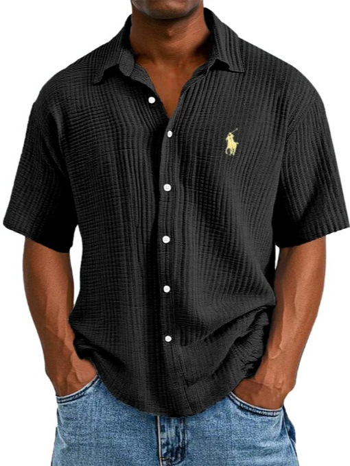 Ανδρικό πουκάμισο από 100% βαμβάκι, κοντό μανίκι, γυριστός γιακάς, χαλαρή γραμμή, μονόχρωμο