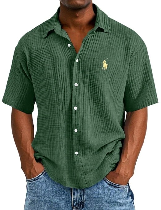 Ανδρικό πουκάμισο από 100% βαμβάκι, κοντό μανίκι, γυριστός γιακάς, χαλαρή γραμμή, μονόχρωμο