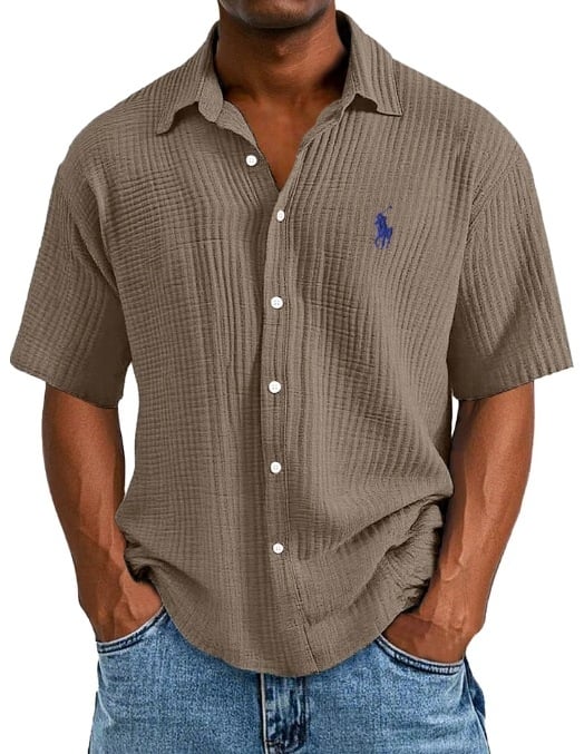 Ανδρικό πουκάμισο από 100% βαμβάκι, κοντό μανίκι, γυριστός γιακάς, χαλαρή γραμμή, μονόχρωμο