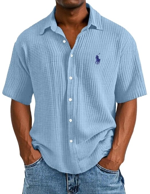 Ανδρικό πουκάμισο από 100% βαμβάκι, κοντό μανίκι, γυριστός γιακάς, χαλαρή γραμμή, μονόχρωμο