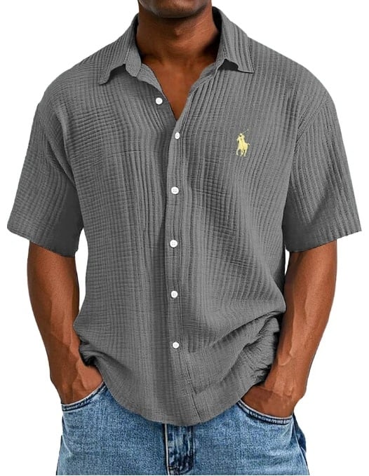 Ανδρικό πουκάμισο από 100% βαμβάκι, κοντό μανίκι, γυριστός γιακάς, χαλαρή γραμμή, μονόχρωμο