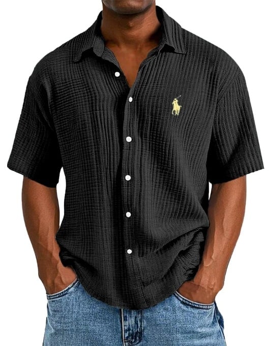 Ανδρικό πουκάμισο από 100% βαμβάκι, κοντό μανίκι, γυριστός γιακάς, χαλαρή γραμμή, μονόχρωμο