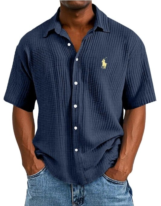 Ανδρικό πουκάμισο από 100% βαμβάκι, κοντό μανίκι, γυριστός γιακάς, χαλαρή γραμμή, μονόχρωμο