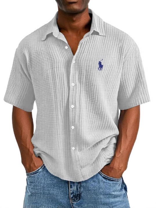 Ανδρικό πουκάμισο από 100% βαμβάκι, κοντό μανίκι, γυριστός γιακάς, χαλαρή γραμμή, μονόχρωμο