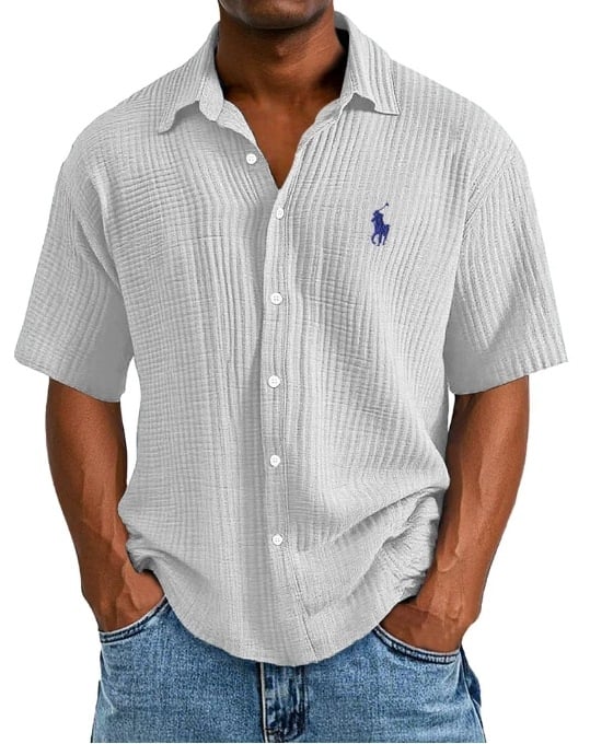 Ανδρικό πουκάμισο από 100% βαμβάκι, κοντό μανίκι, γυριστός γιακάς, χαλαρή γραμμή, μονόχρωμο