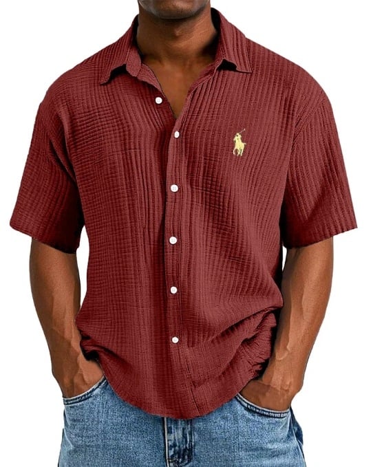 Ανδρικό πουκάμισο από 100% βαμβάκι, κοντό μανίκι, γυριστός γιακάς, χαλαρή γραμμή, μονόχρωμο