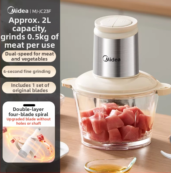 Mlyn na mäso / kuchynský mixér Midea — kapacita 1–3 L, funkcia detskej stravy, napätie ≤36V, rýchlosť motora <10 000 ot/min, sklenená nádoba