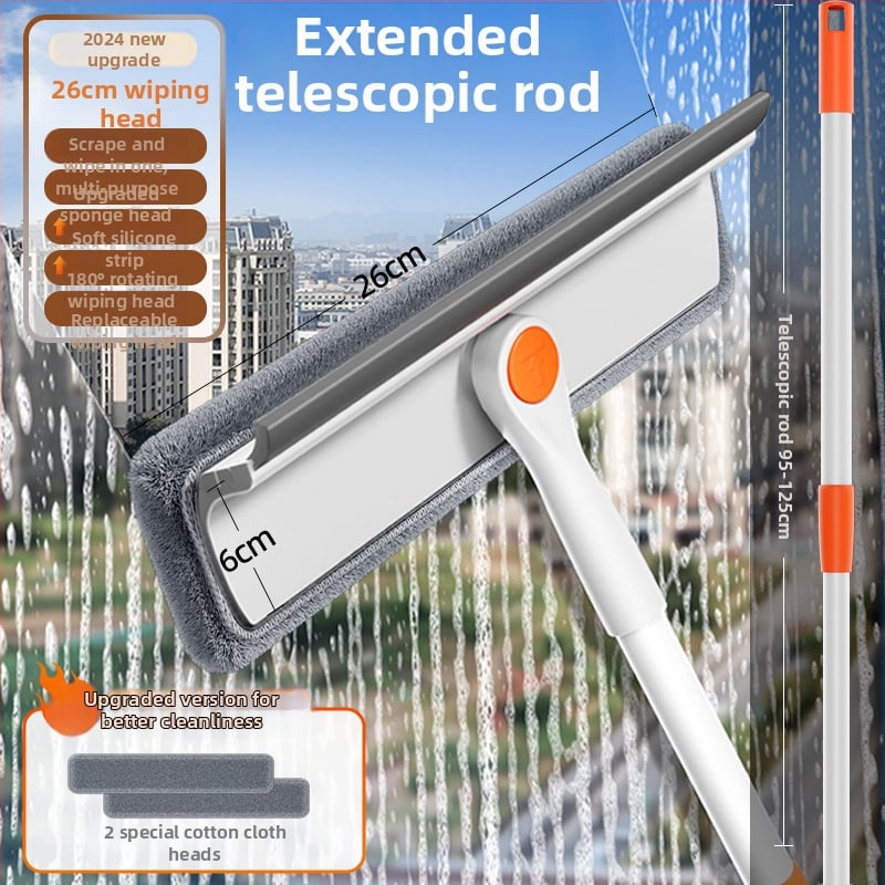 Разтегателен двустранен инструмент за почистване на прозорци за външни високи сгради, пластмасов корпус, домашна употреба.