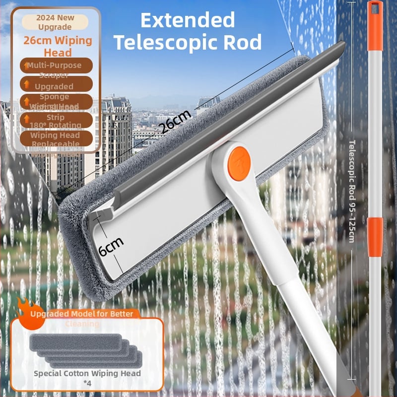 Разтегателен двустранен инструмент за почистване на прозорци за външни високи сгради, пластмасов корпус, домашна употреба.