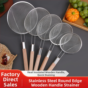 201 rozsdamentes acél szűrőkanál fa nyéllel, nagy háló, sütéshez és forró fazékhoz, logó nyomtatás elérhető