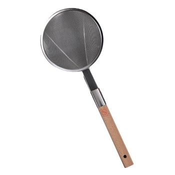 201 rozsdamentes acél szűrőkanál fa nyéllel, nagy háló, sütéshez és forró fazékhoz, logó nyomtatás elérhető