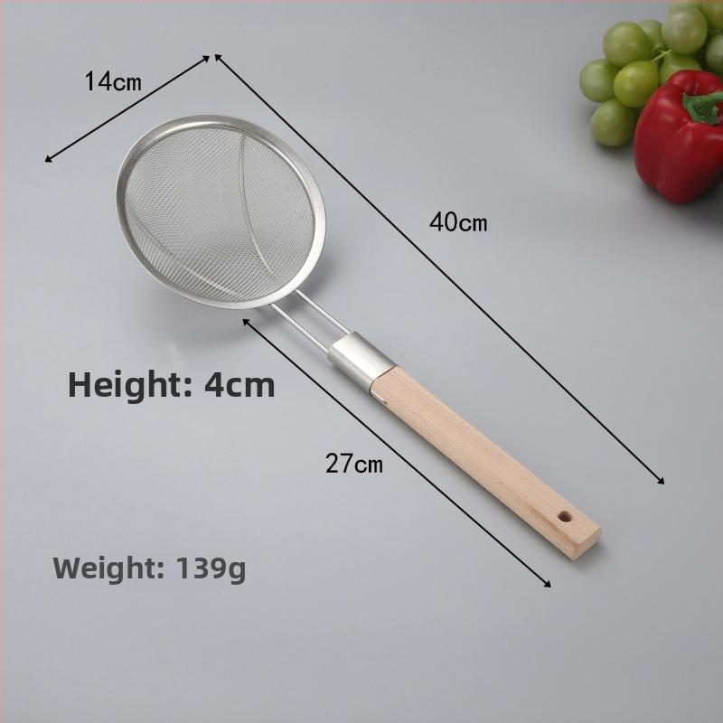 201 rozsdamentes acél szűrőkanál fa nyéllel, nagy háló, sütéshez és forró fazékhoz, logó nyomtatás elérhető