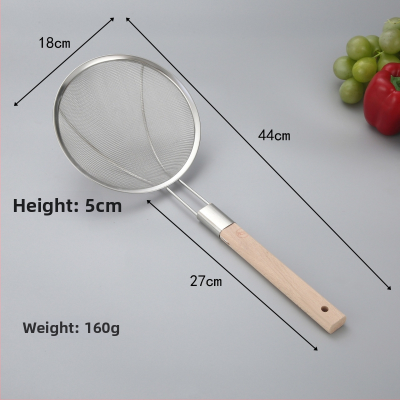 201 rozsdamentes acél szűrőkanál fa nyéllel, nagy háló, sütéshez és forró fazékhoz, logó nyomtatás elérhető