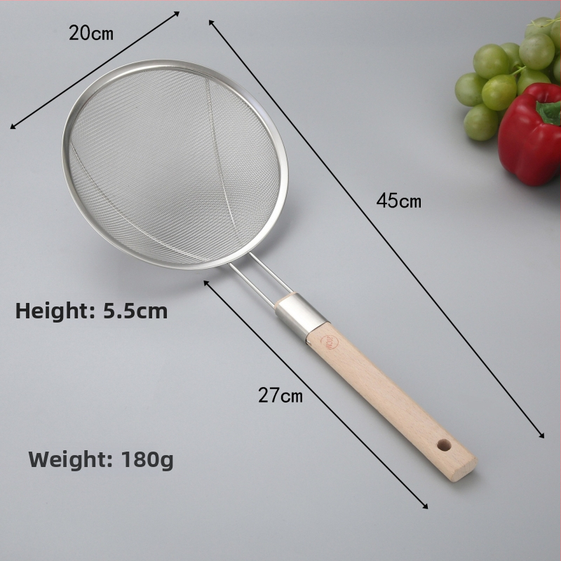 201 rozsdamentes acél szűrőkanál fa nyéllel, nagy háló, sütéshez és forró fazékhoz, logó nyomtatás elérhető