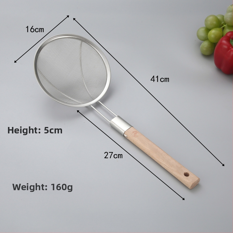 201 rozsdamentes acél szűrőkanál fa nyéllel, nagy háló, sütéshez és forró fazékhoz, logó nyomtatás elérhető