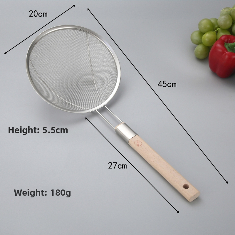 201 rozsdamentes acél szűrőkanál fa nyéllel, nagy háló, sütéshez és forró fazékhoz, logó nyomtatás elérhető