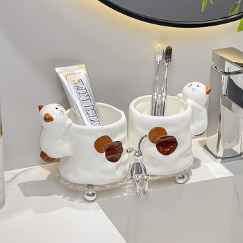 Cană ceramică pentru gură și pentru periuța de dinți, design pisică tri-color, 1 bucată, fără logo, fără personalizare
