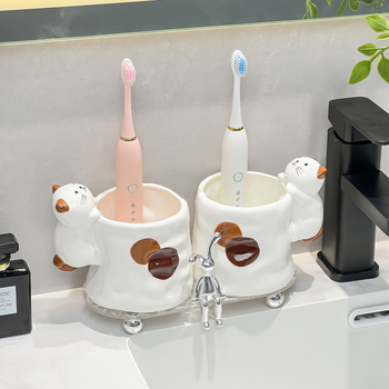 Cană ceramică pentru gură și pentru periuța de dinți, design pisică tri-color, 1 bucată, fără logo, fără personalizare