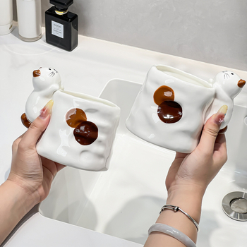 Cană ceramică pentru gură și pentru periuța de dinți, design pisică tri-color, 1 bucată, fără logo, fără personalizare