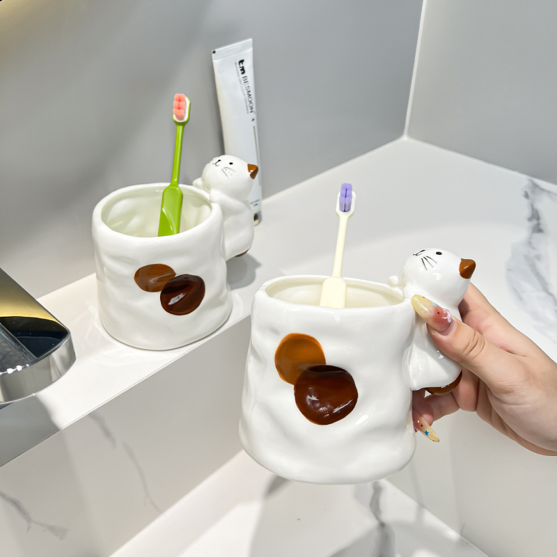 Cană ceramică pentru gură și pentru periuța de dinți, design pisică tri-color, 1 bucată, fără logo, fără personalizare