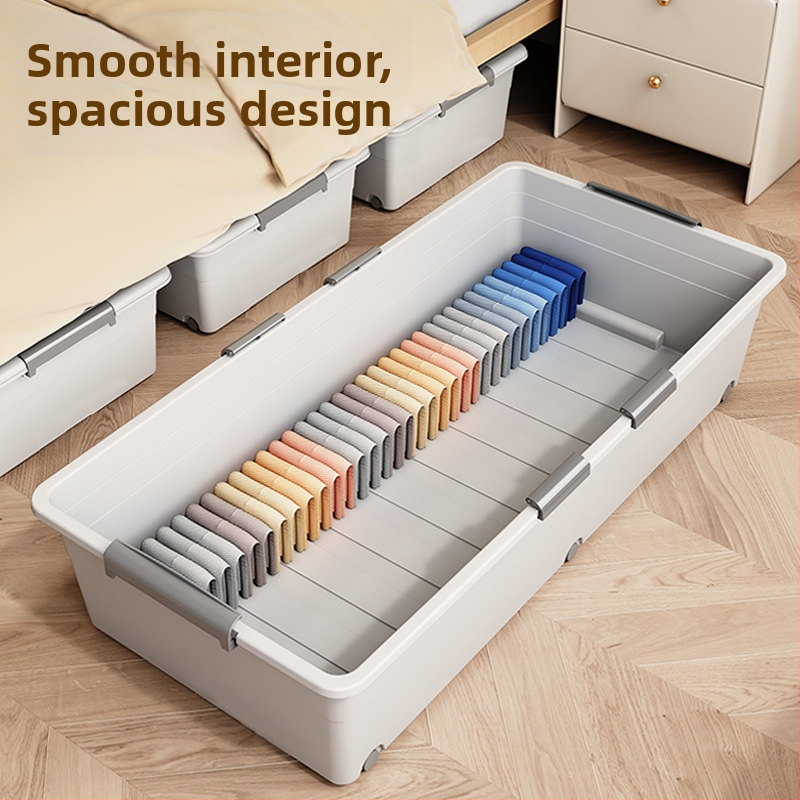 Κιβώτιο αποθήκευσης ρούχων με συρτάρι και ρόδες, διαφανές κάτω από το κρεβάτι, σφραγιζόμενο κατά της σκόνης, 150–200 L, PP πλαστικό, καπάκι με κλικ, φορητό