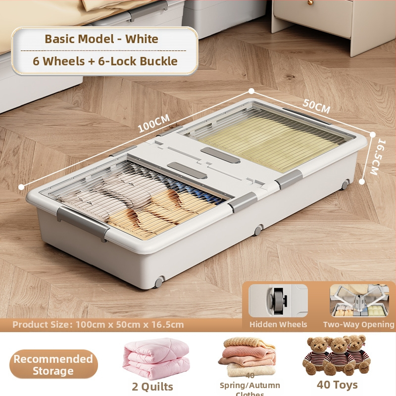 Κιβώτιο αποθήκευσης ρούχων με συρτάρι και ρόδες, διαφανές κάτω από το κρεβάτι, σφραγιζόμενο κατά της σκόνης, 150–200 L, PP πλαστικό, καπάκι με κλικ, φορητό