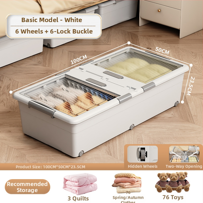 Κιβώτιο αποθήκευσης ρούχων με συρτάρι και ρόδες, διαφανές κάτω από το κρεβάτι, σφραγιζόμενο κατά της σκόνης, 150–200 L, PP πλαστικό, καπάκι με κλικ, φορητό