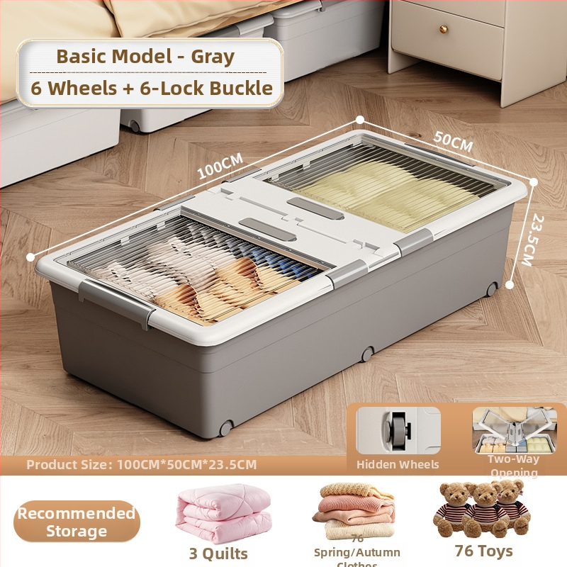 Κιβώτιο αποθήκευσης ρούχων με συρτάρι και ρόδες, διαφανές κάτω από το κρεβάτι, σφραγιζόμενο κατά της σκόνης, 150–200 L, PP πλαστικό, καπάκι με κλικ, φορητό