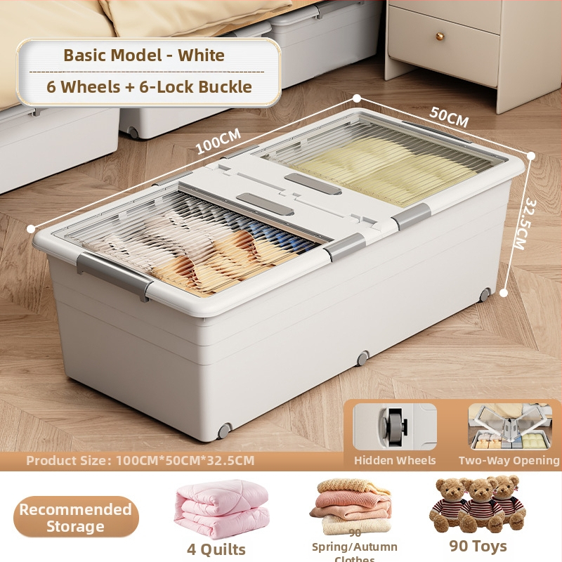 Κιβώτιο αποθήκευσης ρούχων με συρτάρι και ρόδες, διαφανές κάτω από το κρεβάτι, σφραγιζόμενο κατά της σκόνης, 150–200 L, PP πλαστικό, καπάκι με κλικ, φορητό