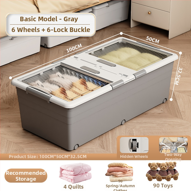 Κιβώτιο αποθήκευσης ρούχων με συρτάρι και ρόδες, διαφανές κάτω από το κρεβάτι, σφραγιζόμενο κατά της σκόνης, 150–200 L, PP πλαστικό, καπάκι με κλικ, φορητό