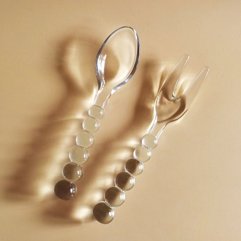 Stakleni set pribora s žlicom i viljuškom – ručno izrađeno, pogodna za djecu, jednobojni uzorak, lagani luksuzni retro stil