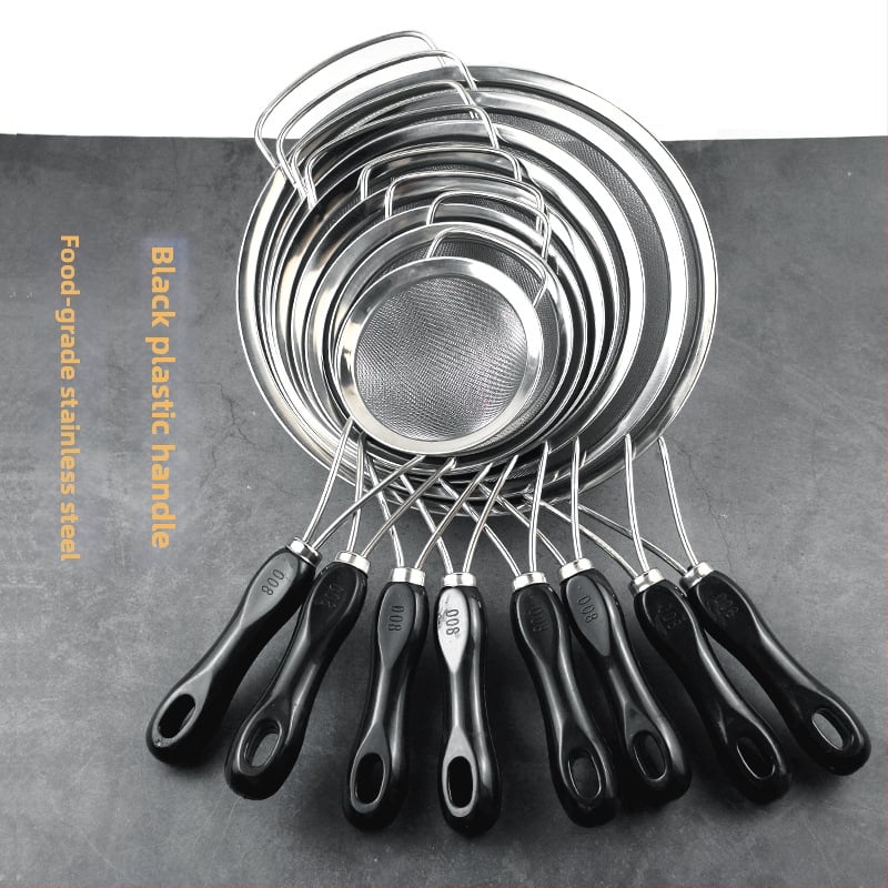 Rozsdamentes acélból készült szita műanyag fogantyúval ultrafin szűréshez — szója tejhez, gyümölcsléhez, liszthez és maradékokhoz kínai gyógynövényekből; csúszásmentes, hőálló, dupla és egyszerű kampókkal