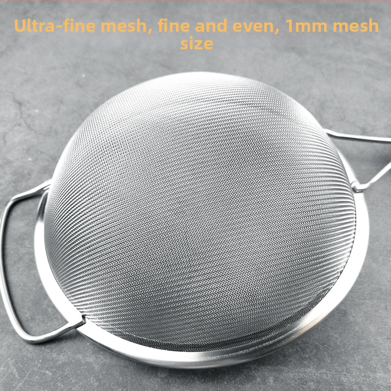 Rozsdamentes acélból készült szita műanyag fogantyúval ultrafin szűréshez — szója tejhez, gyümölcsléhez, liszthez és maradékokhoz kínai gyógynövényekből; csúszásmentes, hőálló, dupla és egyszerű kampókkal