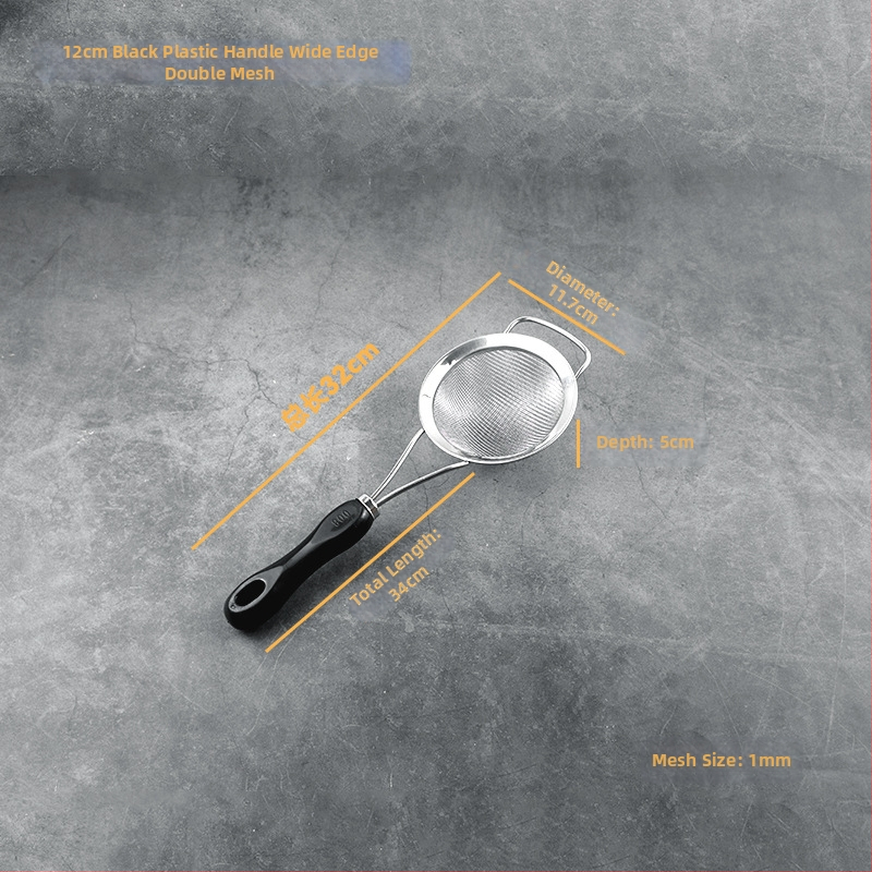 Rozsdamentes acélból készült szita műanyag fogantyúval ultrafin szűréshez — szója tejhez, gyümölcsléhez, liszthez és maradékokhoz kínai gyógynövényekből; csúszásmentes, hőálló, dupla és egyszerű kampókkal
