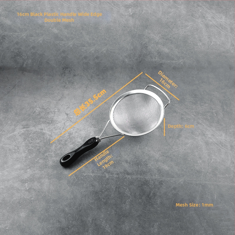 Rozsdamentes acélból készült szita műanyag fogantyúval ultrafin szűréshez — szója tejhez, gyümölcsléhez, liszthez és maradékokhoz kínai gyógynövényekből; csúszásmentes, hőálló, dupla és egyszerű kampókkal