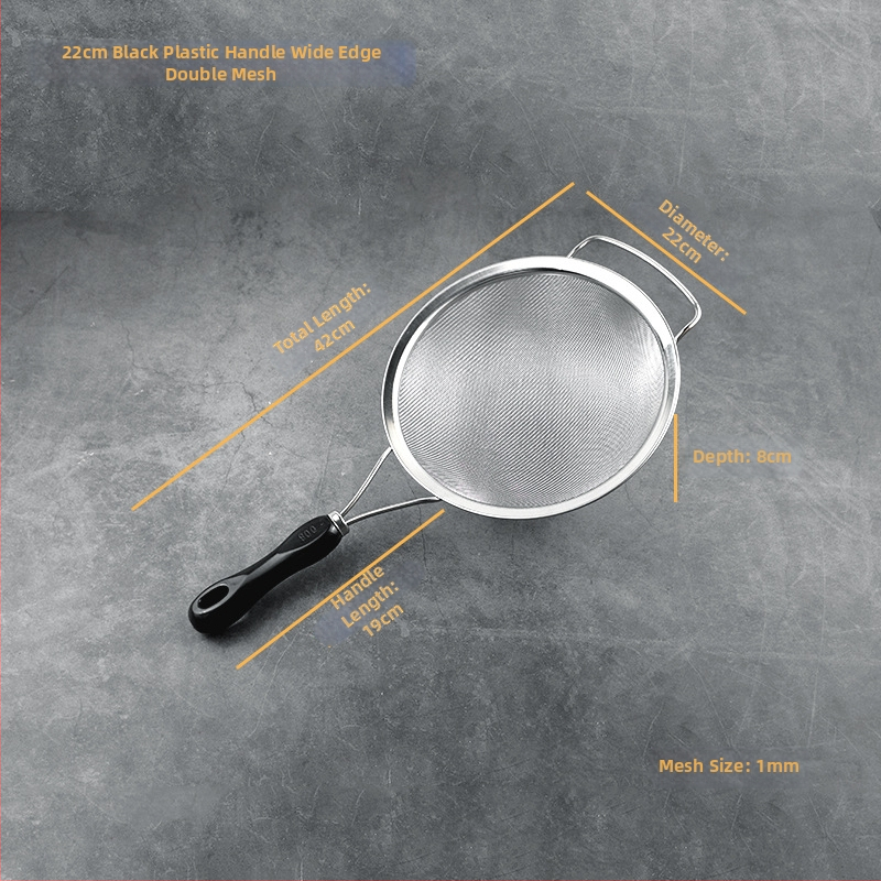 Rozsdamentes acélból készült szita műanyag fogantyúval ultrafin szűréshez — szója tejhez, gyümölcsléhez, liszthez és maradékokhoz kínai gyógynövényekből; csúszásmentes, hőálló, dupla és egyszerű kampókkal