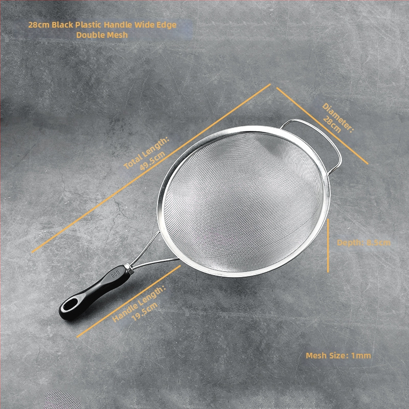 Rozsdamentes acélból készült szita műanyag fogantyúval ultrafin szűréshez — szója tejhez, gyümölcsléhez, liszthez és maradékokhoz kínai gyógynövényekből; csúszásmentes, hőálló, dupla és egyszerű kampókkal