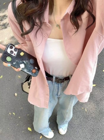 Cămașă polo în stil coreean, croială lejeră, mâneci lungi, poliester, fără călcare, nasturi în față