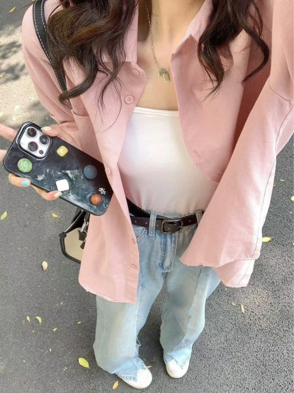 Cămașă polo în stil coreean, croială lejeră, mâneci lungi, poliester, fără călcare, nasturi în față