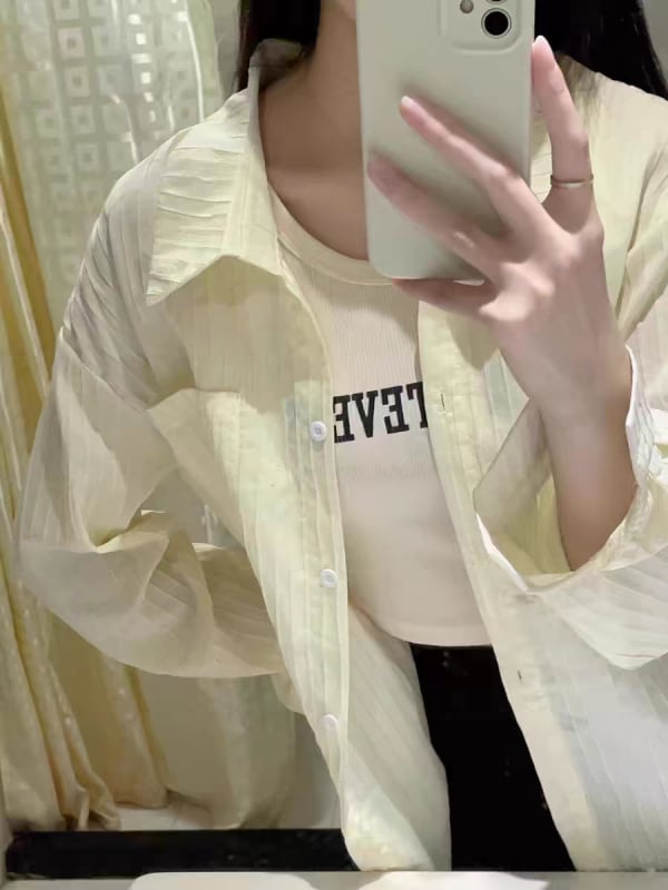 Cămașă polo în stil coreean, croială lejeră, mâneci lungi, poliester, fără călcare, nasturi în față