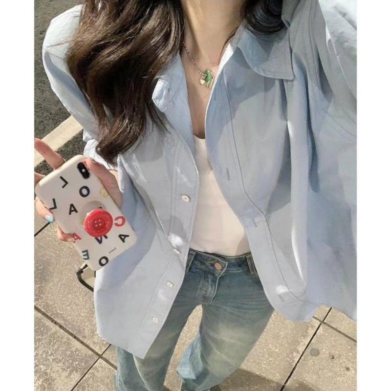 Cămașă polo în stil coreean, croială lejeră, mâneci lungi, poliester, fără călcare, nasturi în față