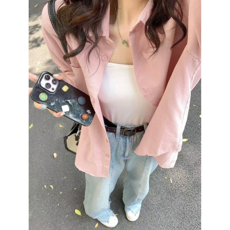 Cămașă polo în stil coreean, croială lejeră, mâneci lungi, poliester, fără călcare, nasturi în față