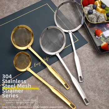 Runda 304 rozsdamentes acél leszűrő hosszú fogantyúval, mély hálós konyhai szita