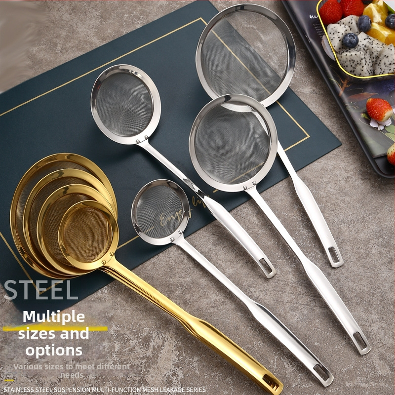 Runda 304 rozsdamentes acél leszűrő hosszú fogantyúval, mély hálós konyhai szita