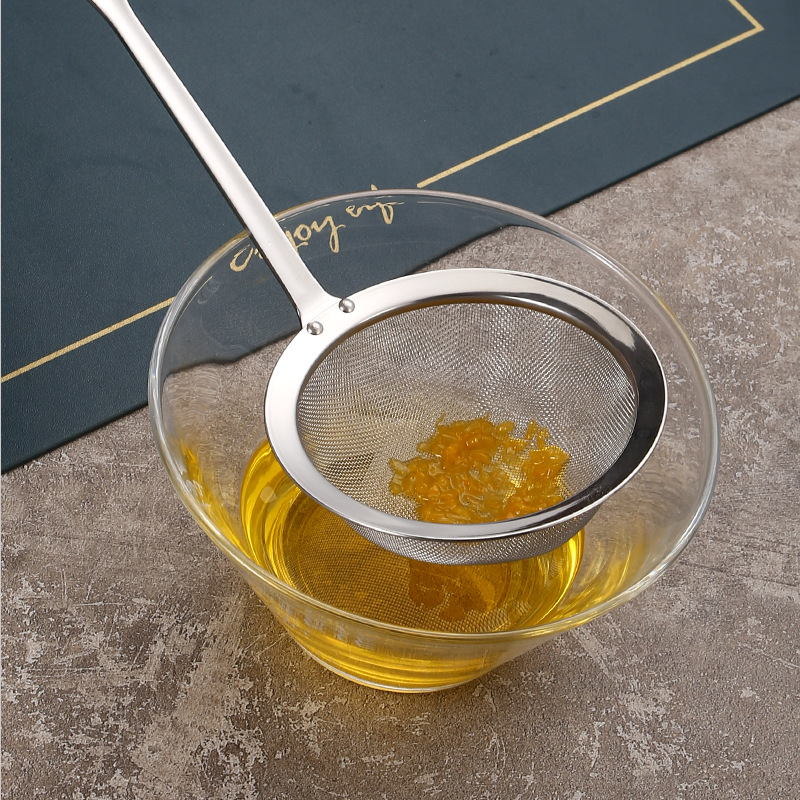 Runda 304 rozsdamentes acél leszűrő hosszú fogantyúval, mély hálós konyhai szita