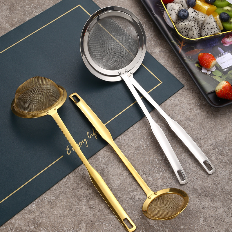 Runda 304 rozsdamentes acél leszűrő hosszú fogantyúval, mély hálós konyhai szita