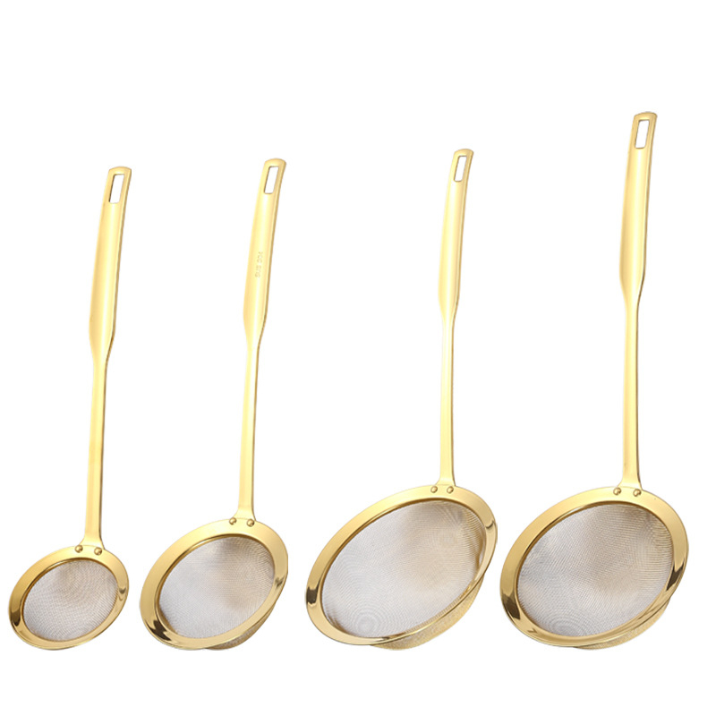 Runda 304 rozsdamentes acél leszűrő hosszú fogantyúval, mély hálós konyhai szita