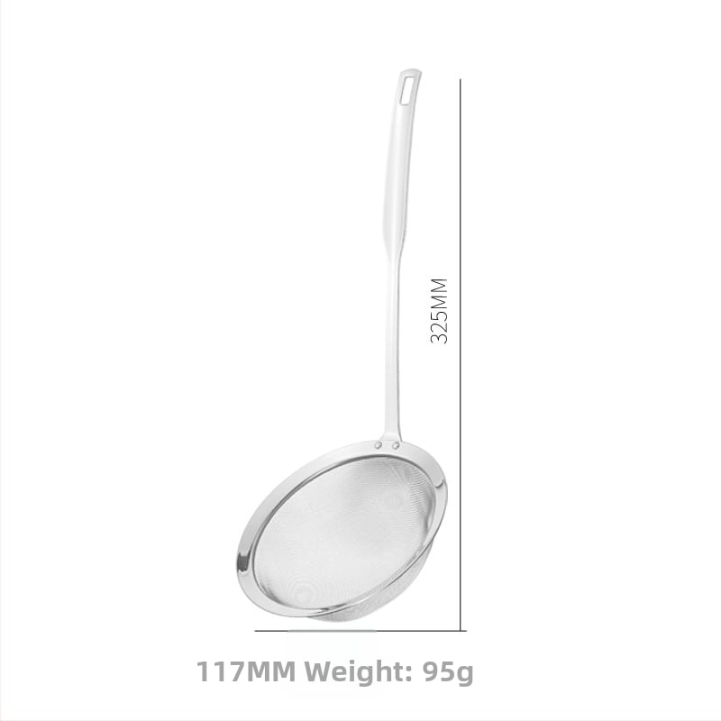 Runda 304 rozsdamentes acél leszűrő hosszú fogantyúval, mély hálós konyhai szita